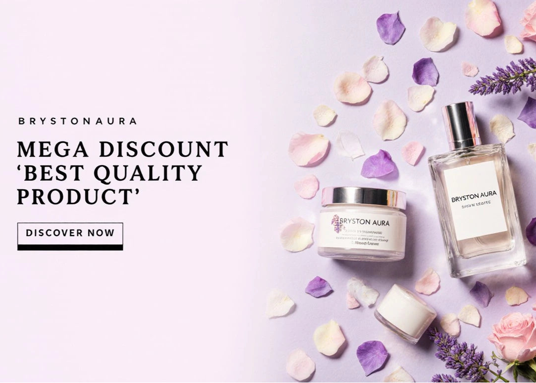 Bryston Aura skincare products with flowers on a light purple background