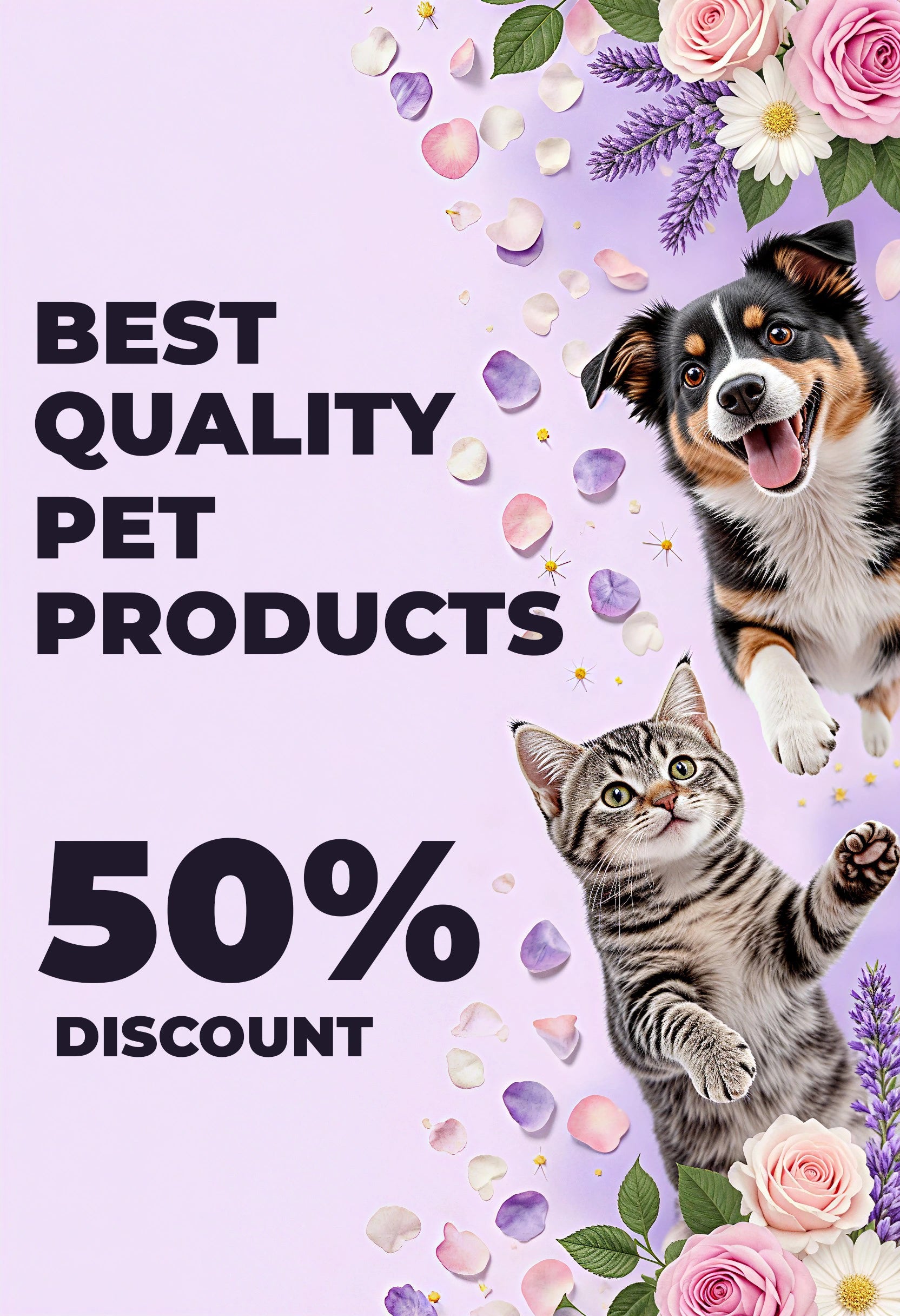 Promotional graphic with a dog and cat, flowers, and text about pet products and discount on a light purple background.
