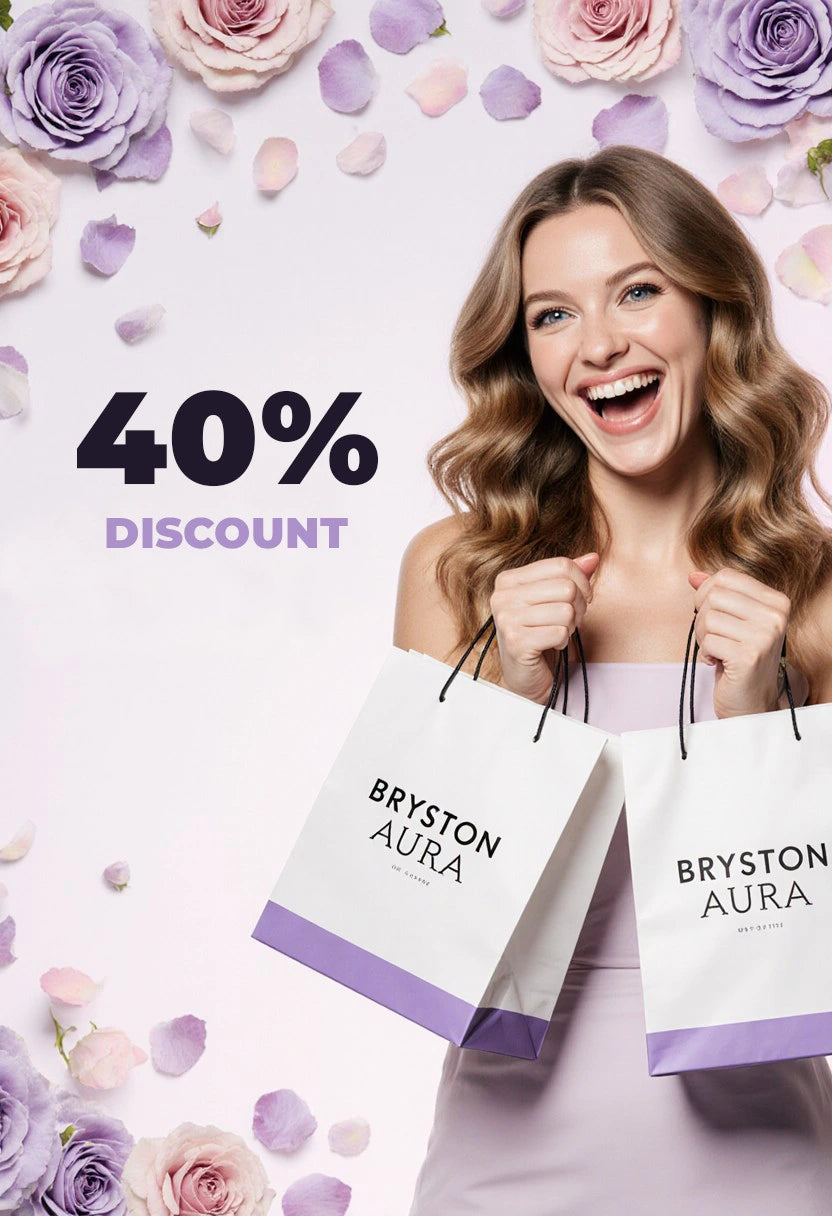 Woman holding Bryston Aura shopping bags with a 40% discount text on a floral background