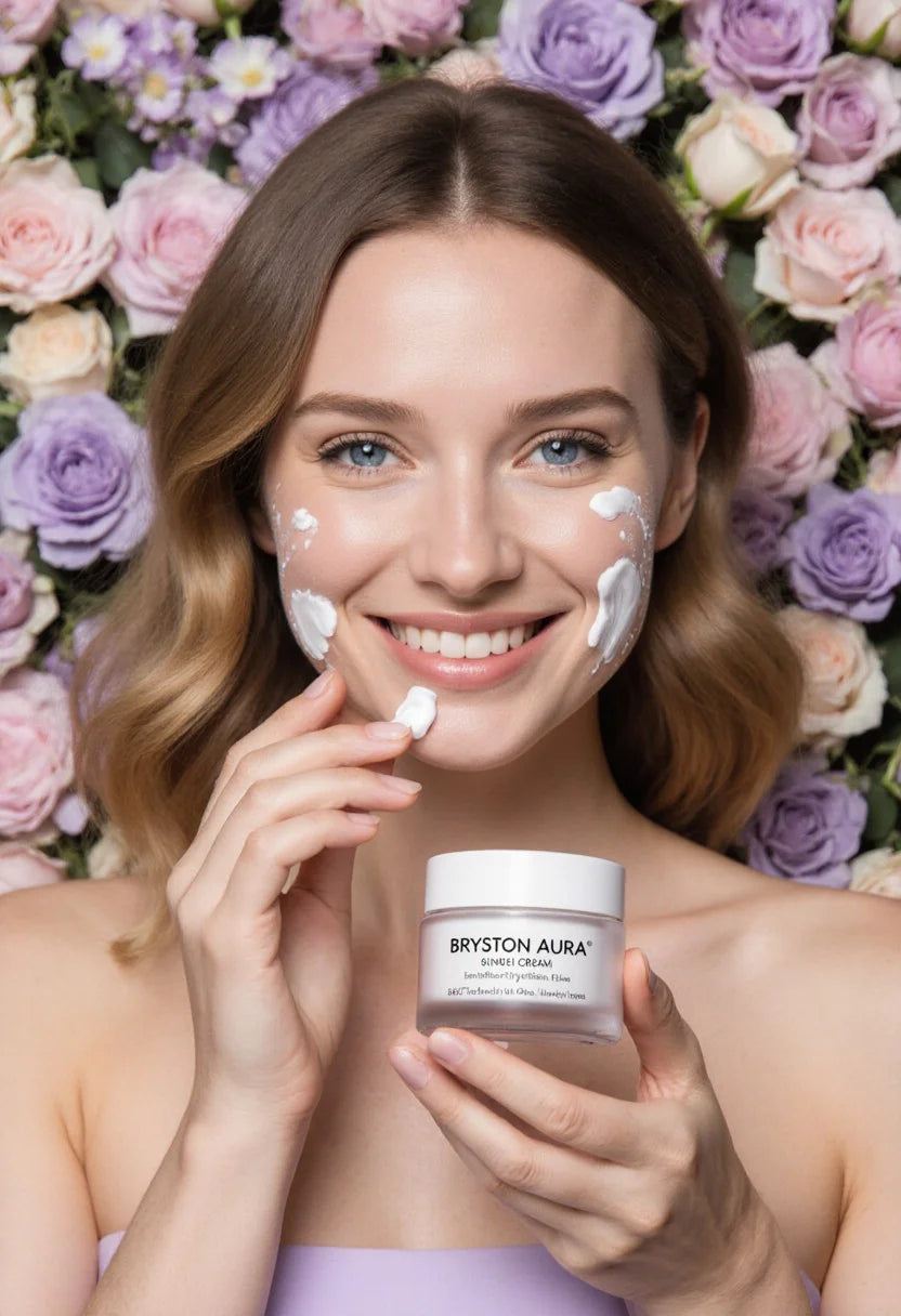 Woman holding a jar of Bryston Aura cream with floral background