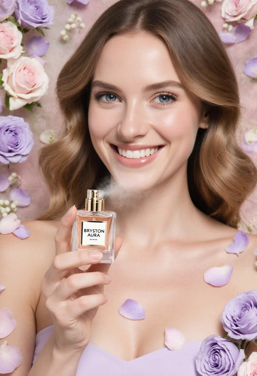 Woman holding a perfume bottle with flowers and petals in the background