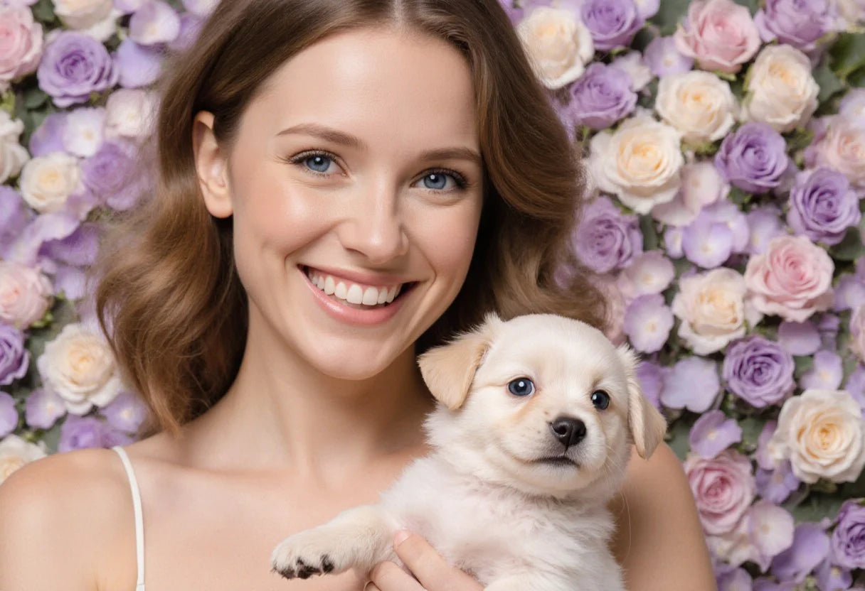 Woman holding a small white puppy with a floral background